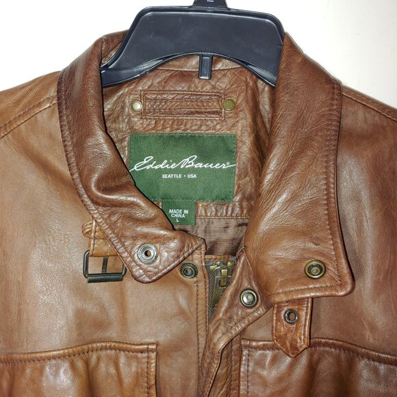 Eddie Bauer 100% Genuine Lamb  Distressed Leather Jacket Size L Brown - Picture 11 of 12